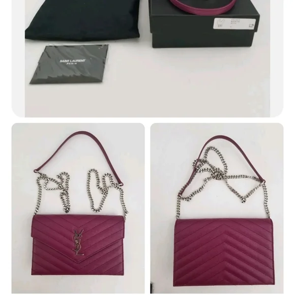 SAINT LAURENT YSL Magenta Grain Leather Chevron Envelope WOC Wallet on Chain - Picture 2 of 5